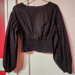 NWT S black long sleeve smocked bottom top